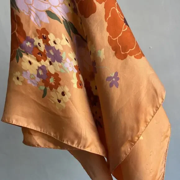 Vintage Silk? Floral Handmade Printed Scarf Orange White Yellow Square 24x24 - Picture 13 of 15